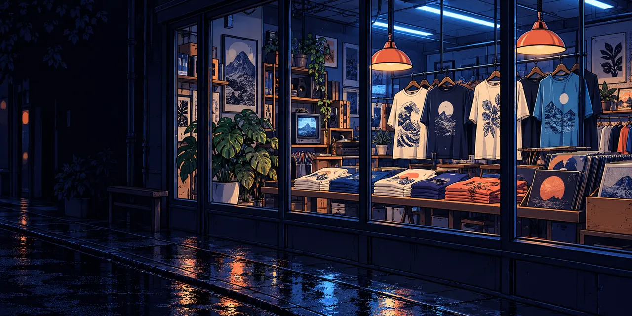 An illustrated T-shirt shop at night, lit in cobalt and warm orange